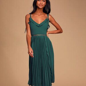 Lulus Never A Dull Moment Emerald Green Tie-strap Pleated Midi Dress - Size S